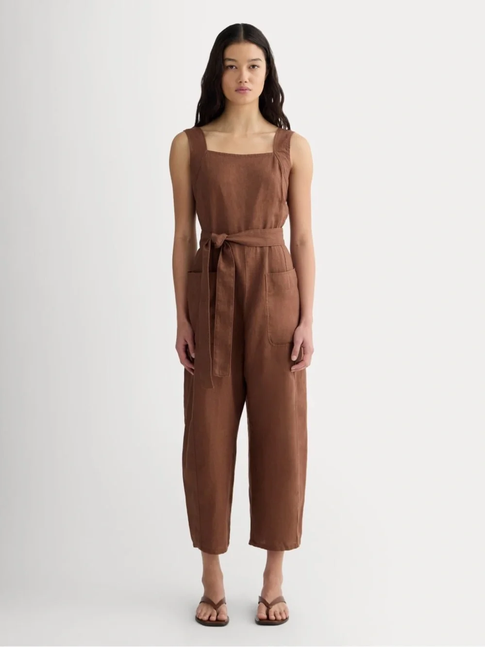 Brown Linen Blend Sleeveless Jumpsuit with Tie Waist UTILITY COVERALL